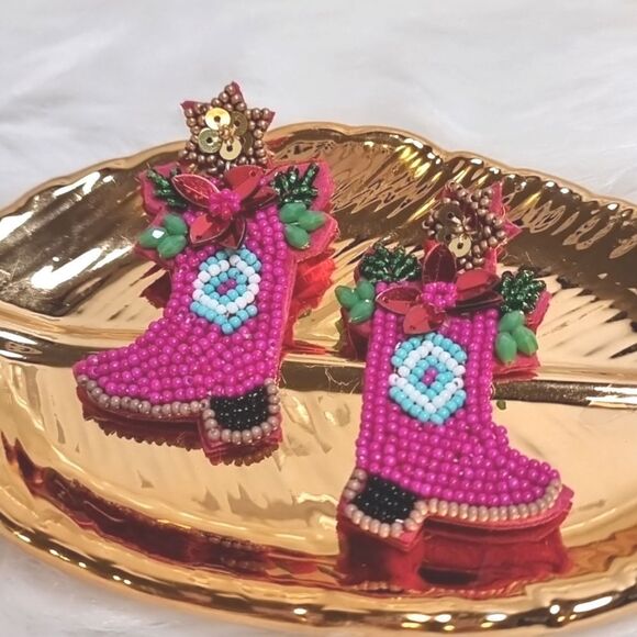 New C & C California Pink Cowgirl Beaded Western Boot Bling  CHRISTMAS EARRINGS - Picture 1 of 7
